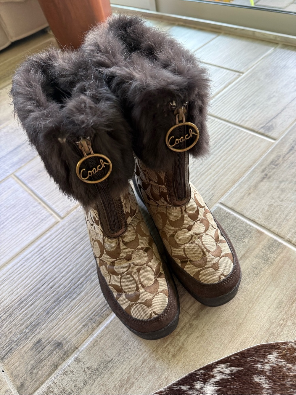 Coach “Faith” Logo Jacquard Rabbit-Fur Trim Winter Boots size 6.5